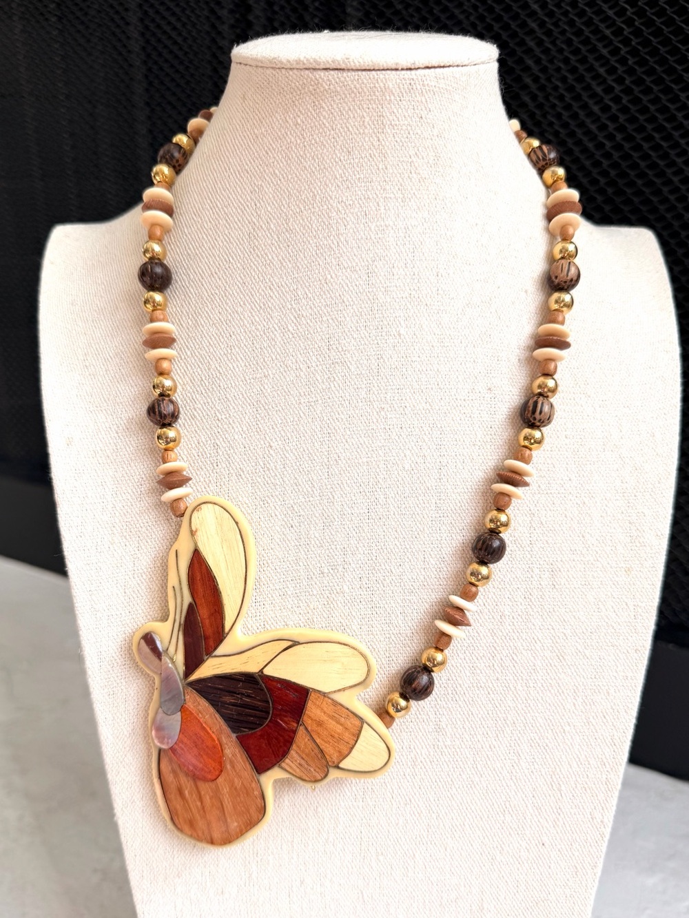Karla Jordan Butterfly Wood Inlay Statement Necklace Boho 23”
